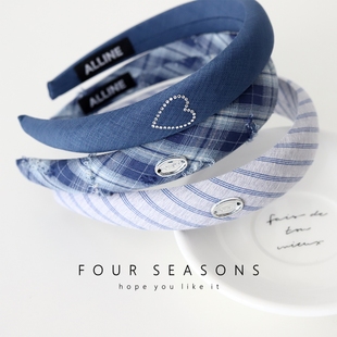 韩系复古清新蓝色格纹海绵发箍高级感增高颅顶头箍日常百搭压发卡