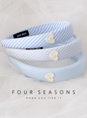 小清新夏日海盐蓝色格子发箍高颅顶海绵头箍学生发饰甜美少女头饰