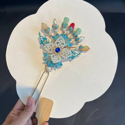古风珍珠发簪辑珠多宝发钗女汉服头饰手工编织仿烧蓝头饰颤枝簪子