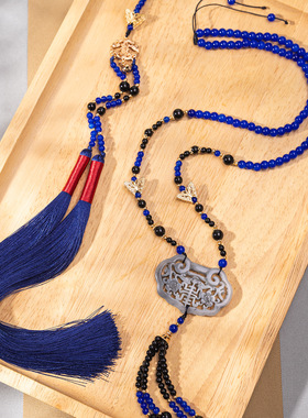 马面裙项链藏青古风新中式长款流苏汉服肩璎珞流苏复古国风毛衣链