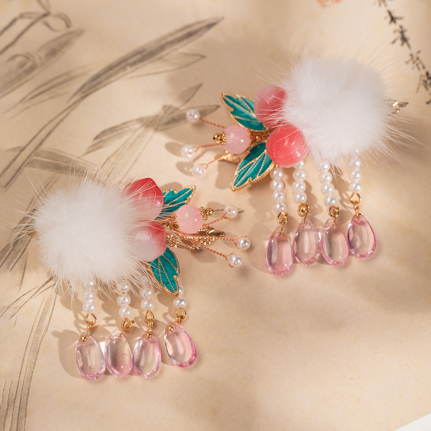 冬季古风发饰毛球发夹宝宝汉服儿童头饰边夹国风少女可爱配饰仙气