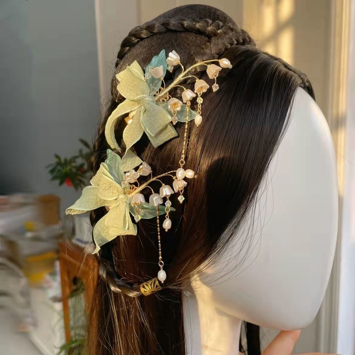 铃兰花发夹汉服头饰可爱复古清新绿色蝴蝶结森系侧边夹对夹发饰品