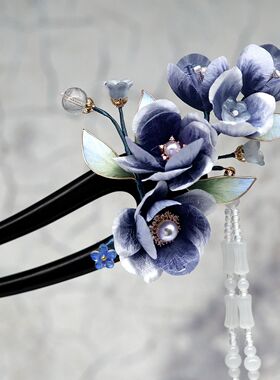 非遗绒花掐丝黑檀木流苏发簪