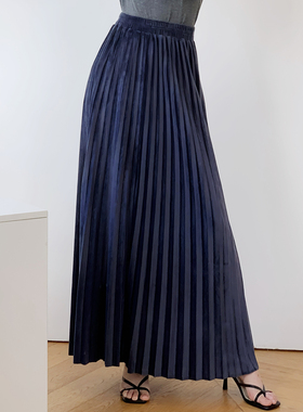 丝绒百褶半身裙女秋冬季高级感灰色收腰高腰显瘦a字大摆中长裙子