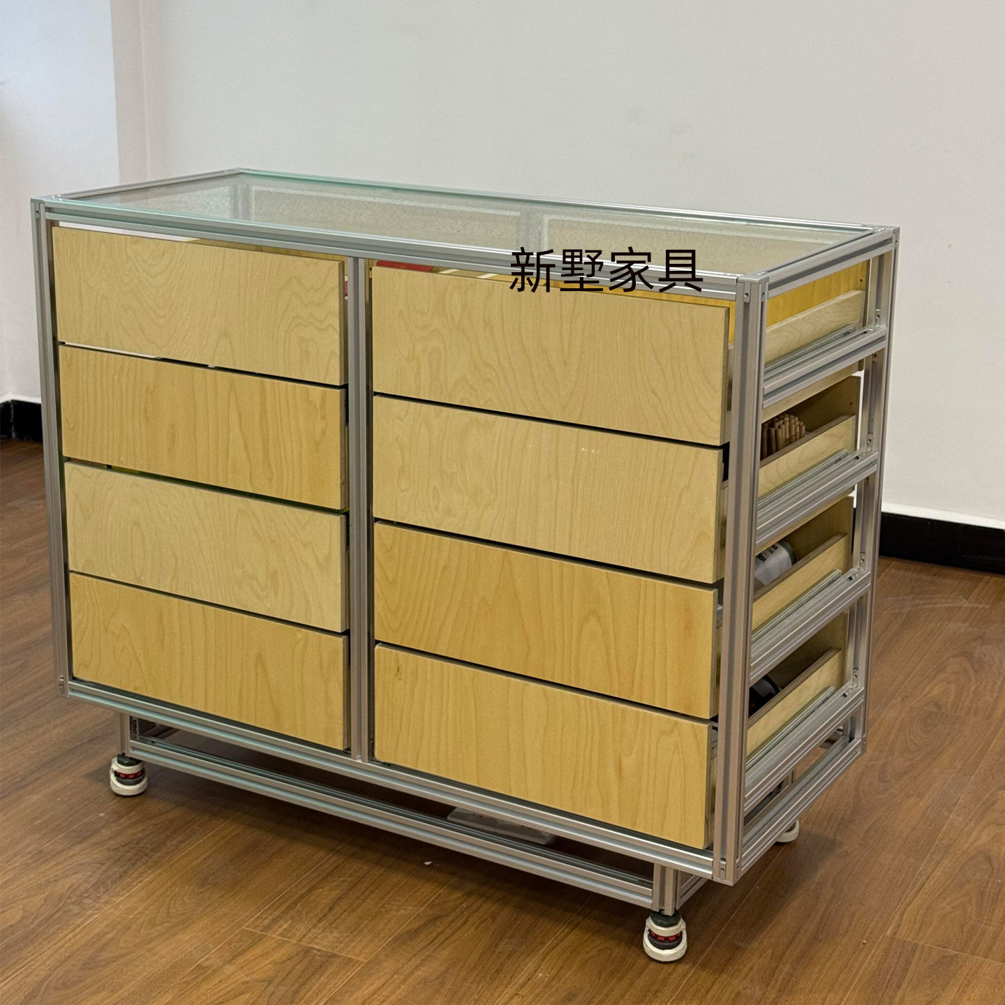 工业风原木色岛台柜子可移动带轮抽屉柜铝型材框架玻璃台面收纳柜,商业/办公家具,办公茶水柜,淘宝优惠券,粉丝福利购,淘宝优惠卷