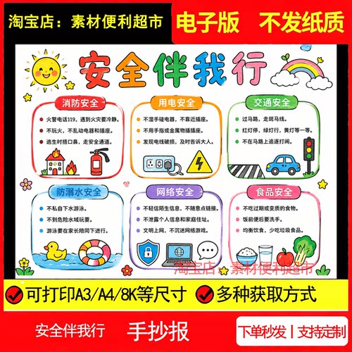 安全伴我行手抄报模板电子模版防溺水用电交通消防食品安全报手绘