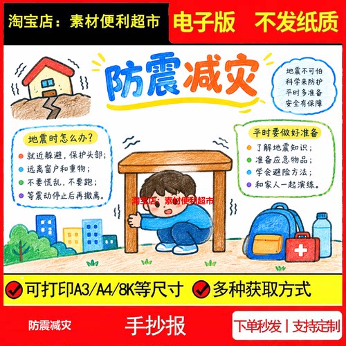 防震减灾手抄报电子模板科学防护平时多准备安全有保障线稿手绘