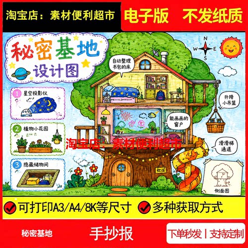 秘密基地设计图纸手抄报电子模板星空投影自动整理线稿手绘小报