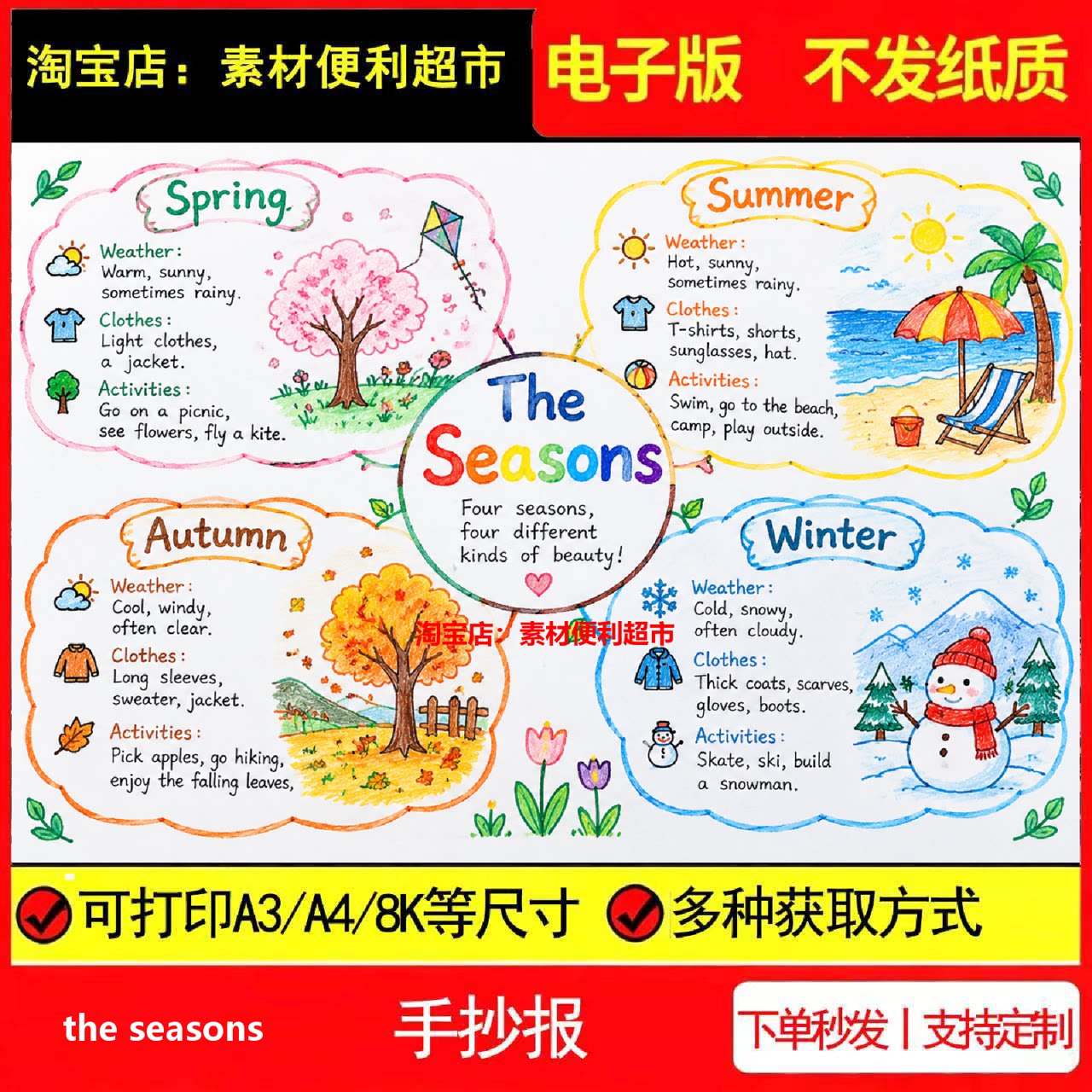 the seasons季节手抄报电子模板英文春夏秋冬美丽和谐线稿手绘