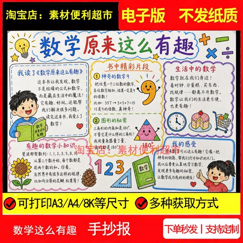 数学原来这么有趣手抄报电子模板阅读数学知识感受线稿手绘小报