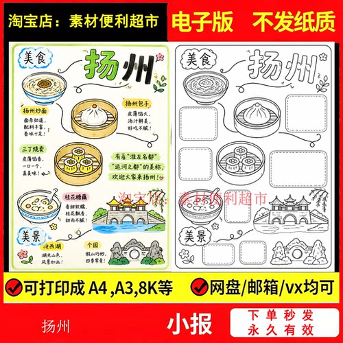 扬州美食美景手抄报电子模版小学生扬州旅游旅行介绍线稿手绘