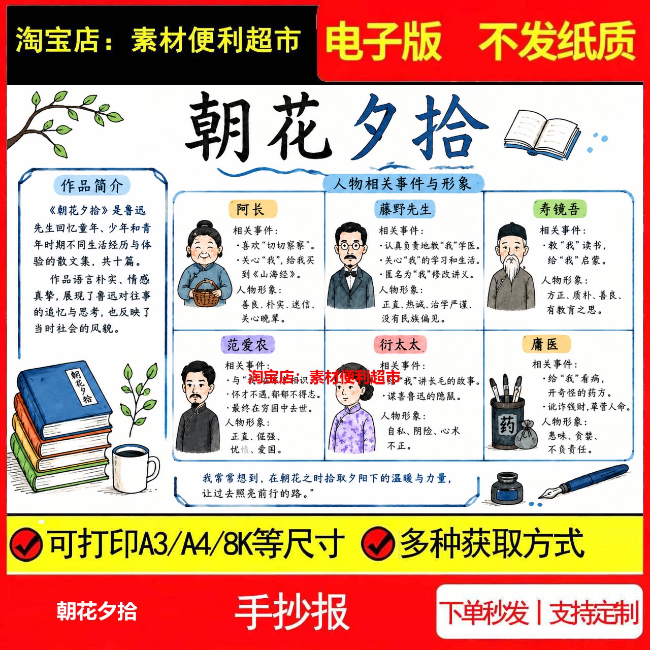 朝花夕拾手抄报电子模板鲁迅作品简介人物事件关系分析线稿手绘