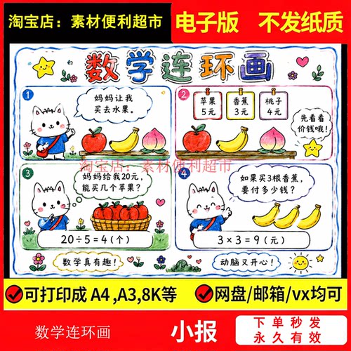 数学连环画乘除法手抄报电子模版二年级学习卡黑白线稿手绘图片