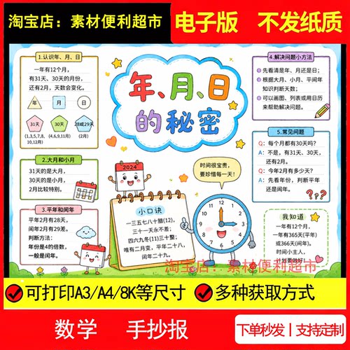 年月日的秘密手抄报电子模板小学数学三年级下册单元知识点小报