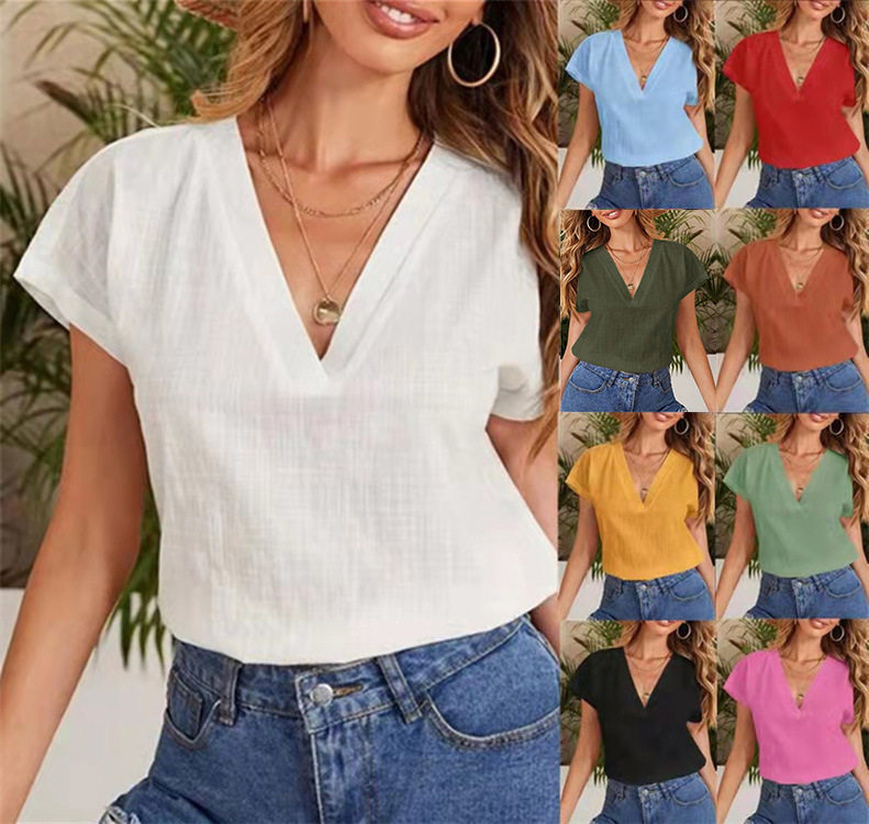 Summer new solid color loose half-sleeved V-neck short-sleev