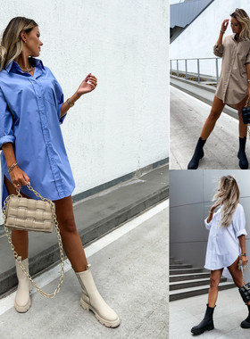 Autumn simple loose long sleeve V-neck shirt简约宽松长袖衬衫