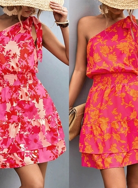 Skirt with sloping shoulders and waist花色斜肩收腰连衣裙女夏