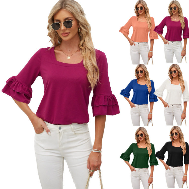 Square collar ruffled mid-sleeve plain color loose T-shirt