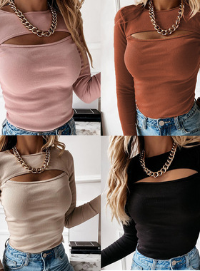 Sexy Cutout Long Sleeve Rib Top Women Fashion T-Shirt 针织衫