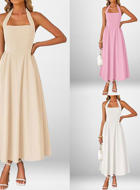 Elegant neckless sleeveless dress 优雅挂脖连衣裙女无袖A字裙