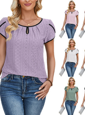 The new round neck petal sleeve plain color t-shirt blouse