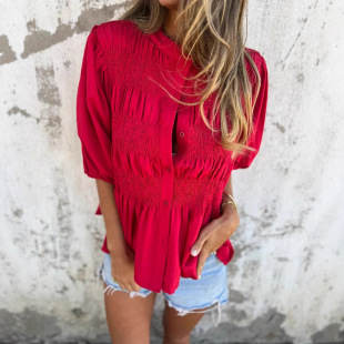 sleeved button 短袖 时尚 shirt short casual down neck Round