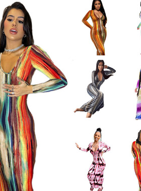 2021 plus size long-sleeved tight-fitting slim dress women