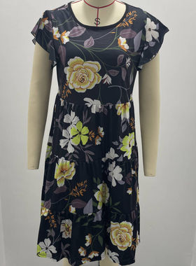 Printed flysleeve round neck mid-length dress woman