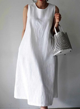 Sleeveless Plus Size Tank Top Round Neck Mid Length Dress女