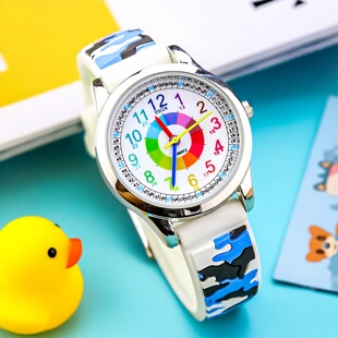迷彩男童手表软表带不伤手儿童表认知时间男女孩石英防水电子潮表
