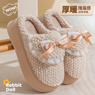 2025新款冬季棉拖鞋毛绒女士室内家居加厚底防滑蝴蝶结毛毛鞋保暖