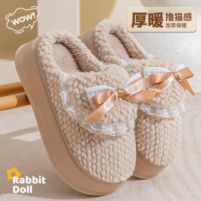 2025新款冬季棉拖鞋毛绒女士室内家居加厚底防滑蝴蝶结毛毛鞋保暖