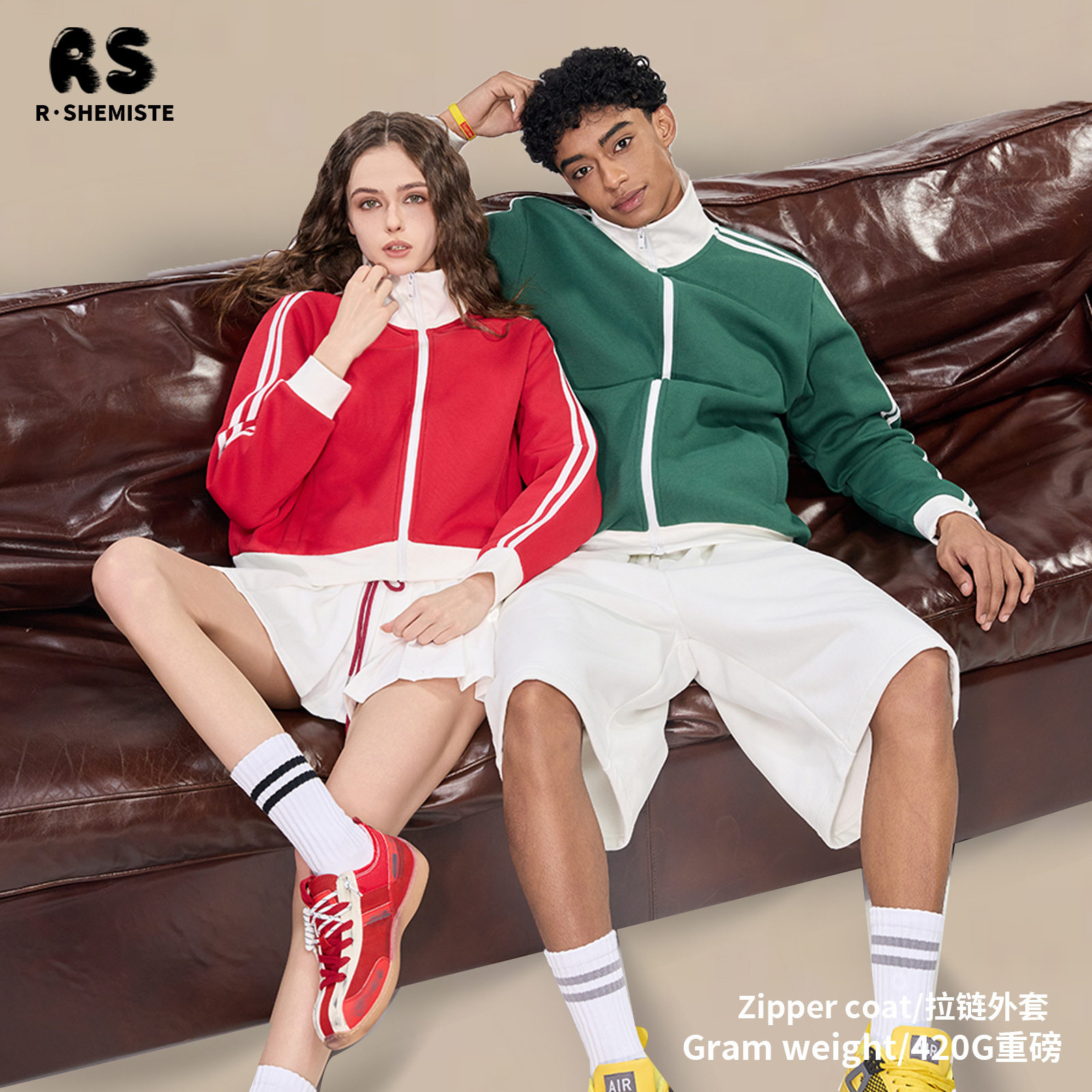 RS男装|复古撞色经典条纹拉链衫420G重磅立领美式街头拉链外套男