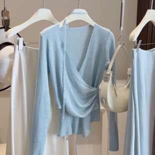 春季新款气质飘带纯欲性感交叉V领针织衫女薄款慵懒显瘦上衣女装