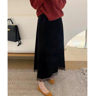 春款黑色丝绒拼接蕾丝花边高腰A字半身裙松紧腰显瘦中长裙女