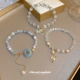 中国风珍珠平安扣猫石玉佩爱心手链小猫时尚可调节手串文艺手饰