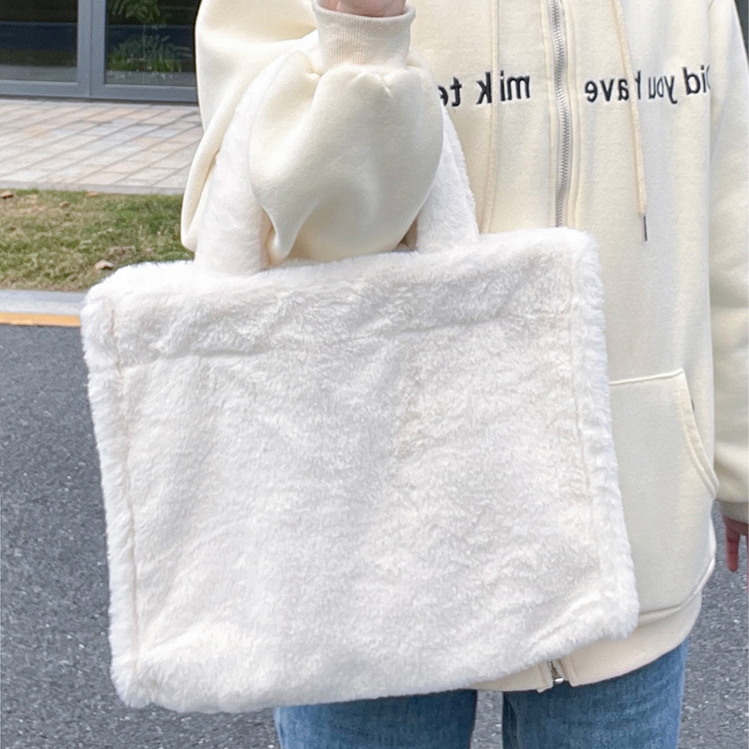 库存清仓纯色无印花兔绒包大容量托特包女秋冬可爱手提单肩包毛茸