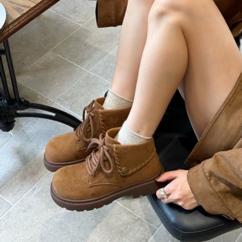 冰洁女鞋2025秋冬新款真皮平底圆头ins马丁靴加绒棉靴短筒靴138-2