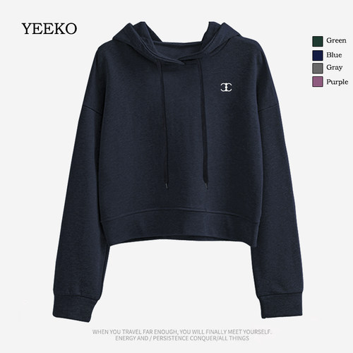 美式连帽薄款宽松藏蓝短款卫衣女