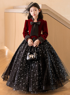 女童礼服酒红色赫本风高端儿童生日钢琴演奏主持人长袖小众轻奢