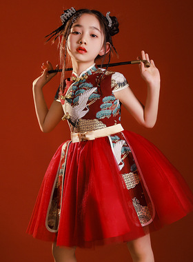 女童中国风生日花童中式礼服儿童复古旗袍连衣裙主持人钢琴演出服