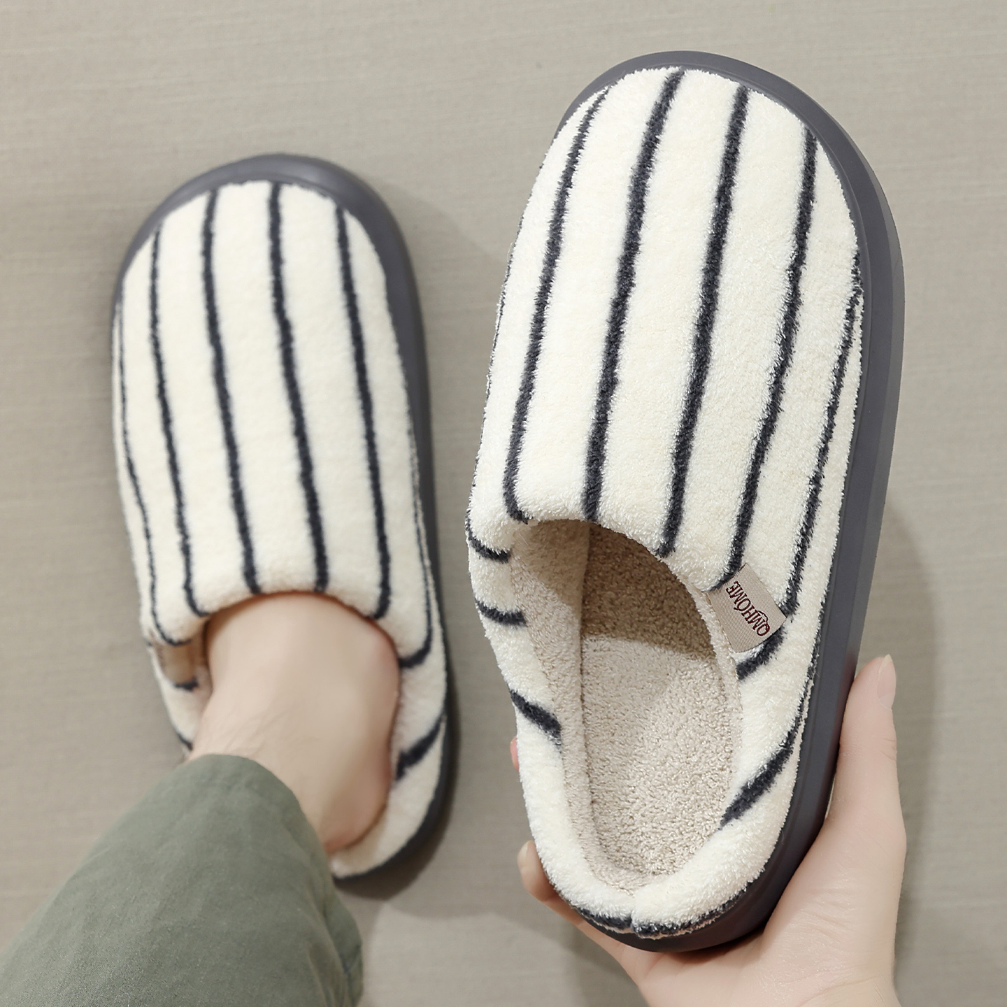 经典条纹棉拖鞋男士秋冬季
