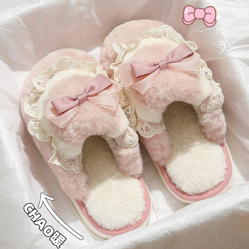 蝴蝶结棉拖鞋女士秋冬季毛绒保暖