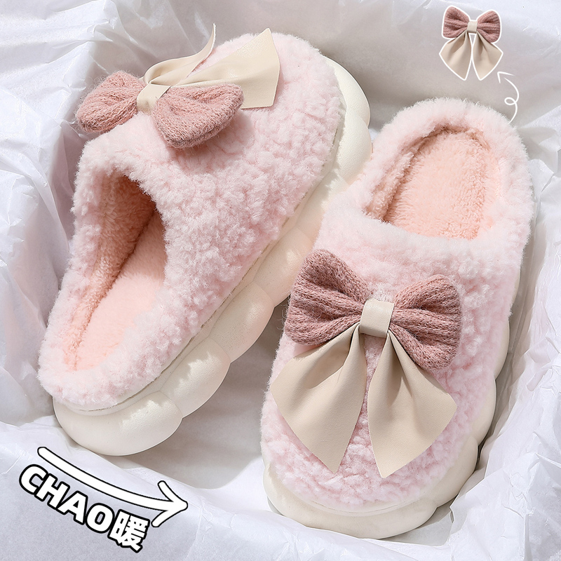 蝴蝶结棉拖鞋女室内家居防滑保暖