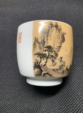 江西省高级工艺美术师王钢手绘釉上墨彩宋画双面开窗山水主人杯