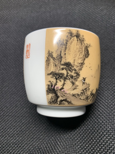 江西省高级工艺美术师王钢手绘釉上墨彩宋画双面开窗山水主人杯