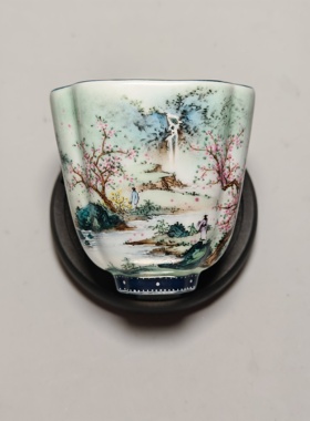江西省高级工艺美术师王钢手绘釉上彩山水四方杯品茗杯茶杯80ml