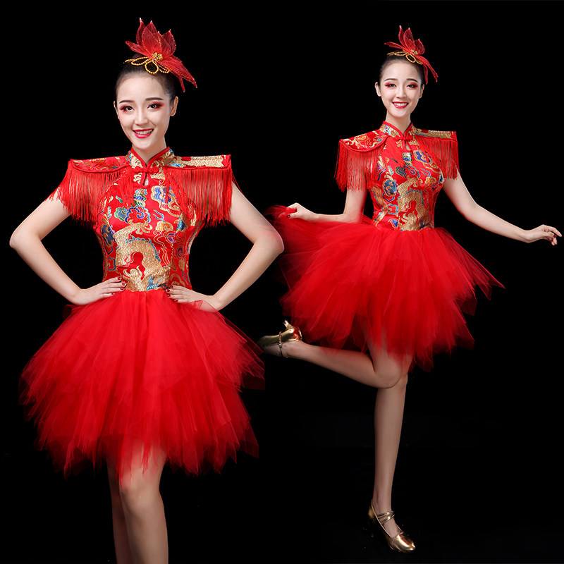 现代舞蹈服装新款中国风打鼓服演出服水鼓快板舞开场舞蓬蓬女成人_虎窝淘
