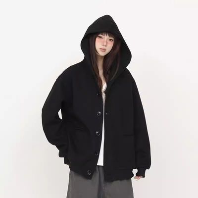 美式复古系扣重磅开衫连帽卫衣春季新款简约通勤宽松休闲百搭外套