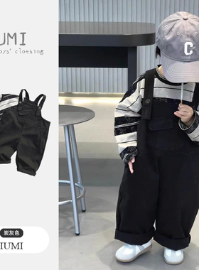 儿童背带裤套装2026春季新款2男宝韩版休闲连体裤男童条纹T恤春装